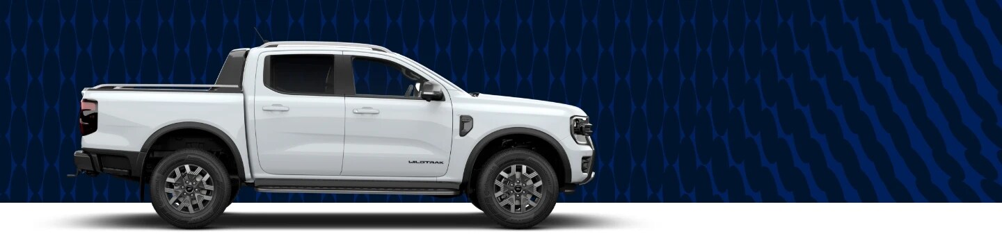 A white Ford Ranger PHEV against the blue background.