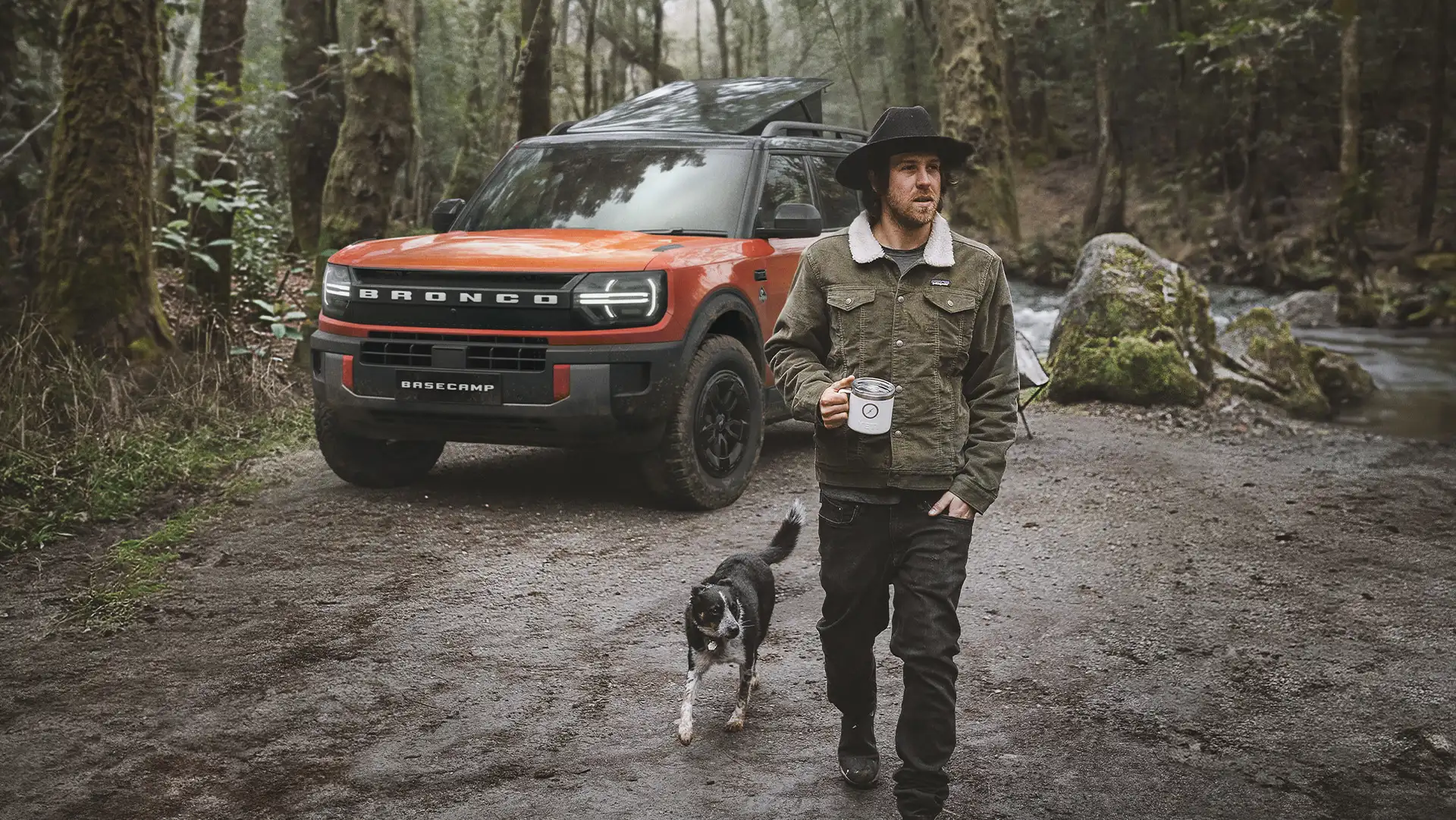 Grey Ford SUV Man walking with Dog