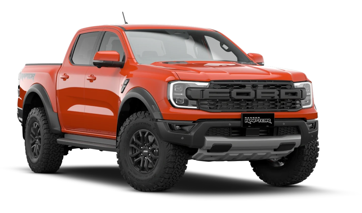 ford view of raptor in code orange on model walk