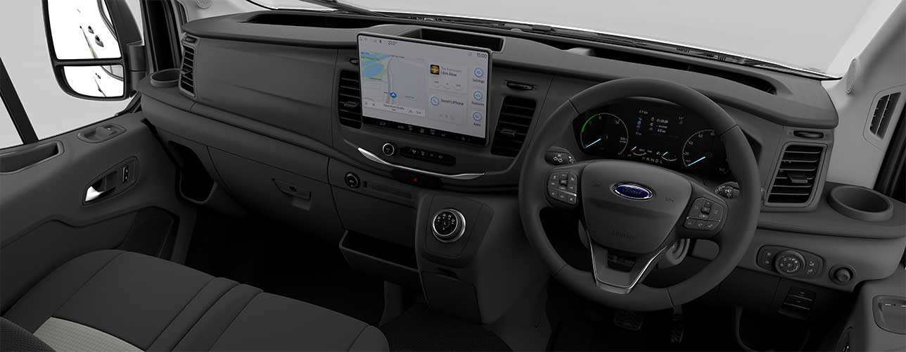 E-Transit dashboard, steering wheel and display screen connected to smartphone