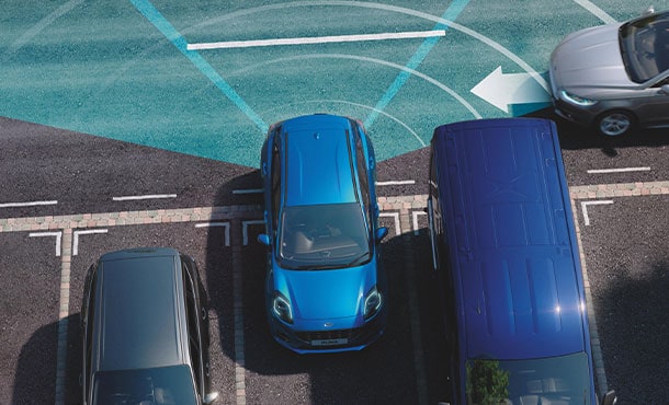 2020 Ford Puma reversing using cross traffic alert from overhead view