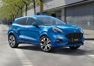 Blue 2020 Ford Puma on a road in the city